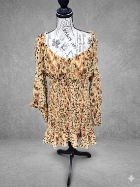 MISS LOLA XXL Leopard Print Smocked Bodycon Mini Dress | Long Sleeve Boho Ruffle